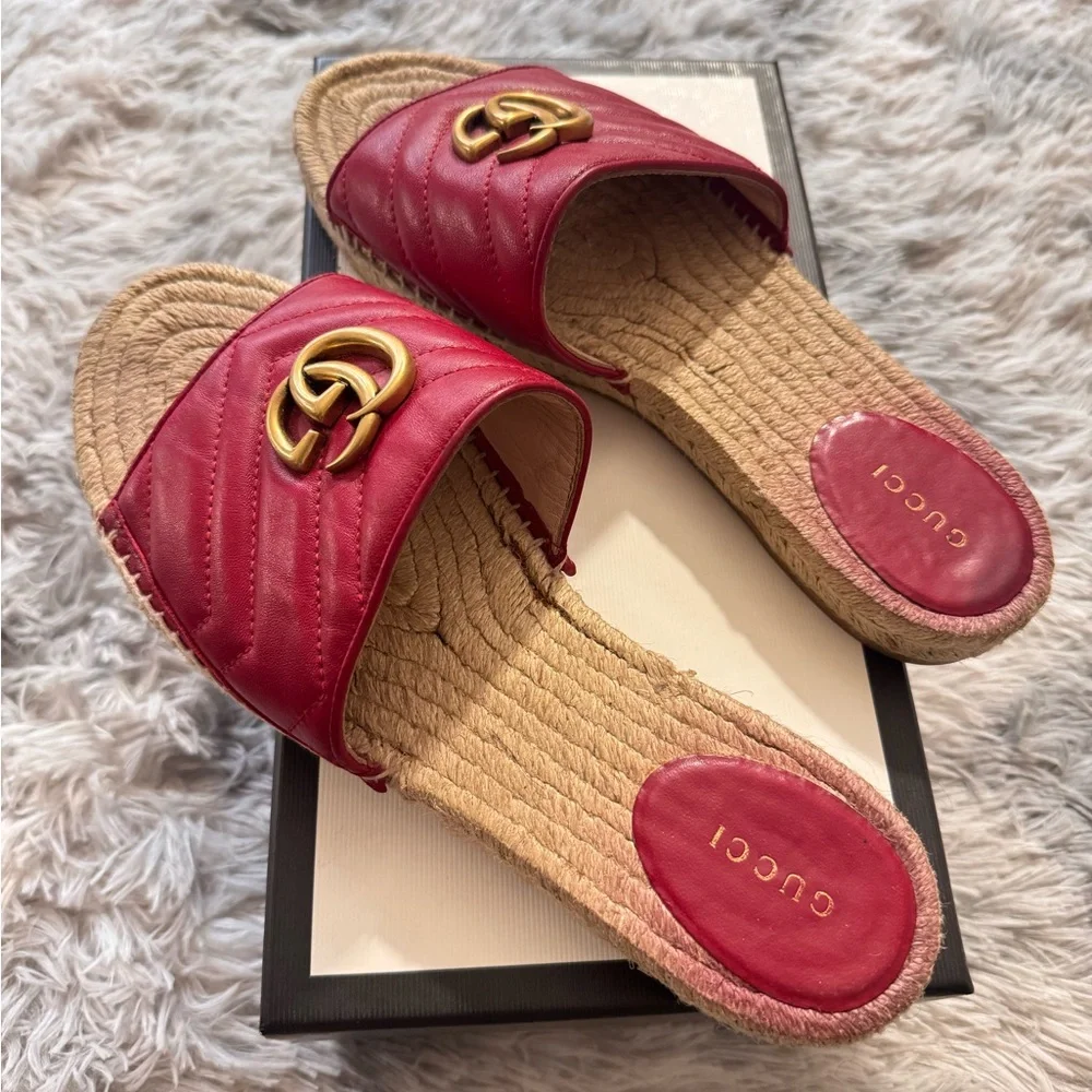 Gucci Red Leather GG Marmont Raffia Slides – Size 40.5 (FITS LIKE US 9) - Picture 4 of 11